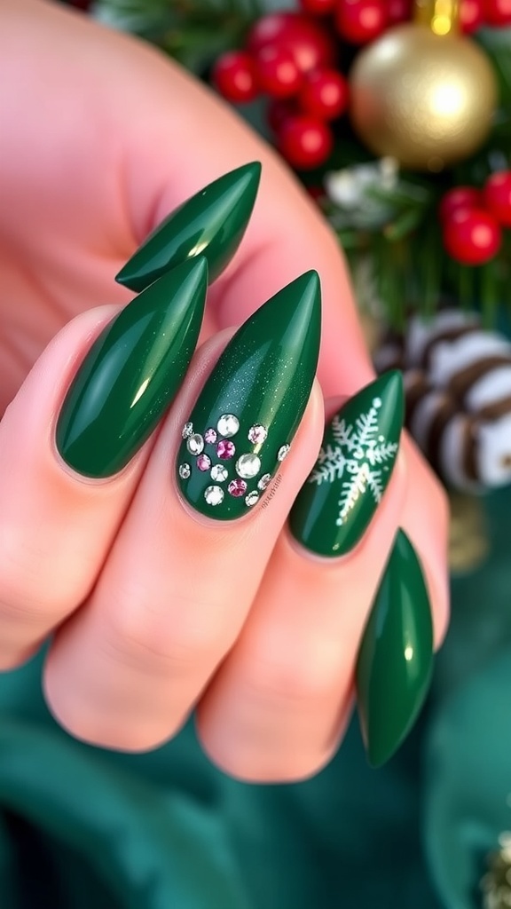 Festive green stiletto nails with glitter and rhinestones, perfect for Christmas.